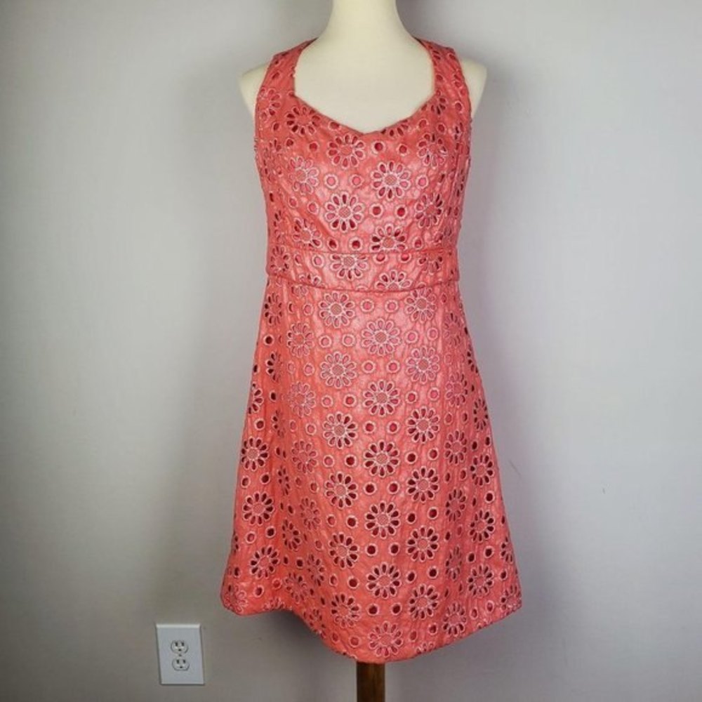 Maeve Womens Coral Silver Satin Floral Eyelets Embroidered Sleeveless Dress 10